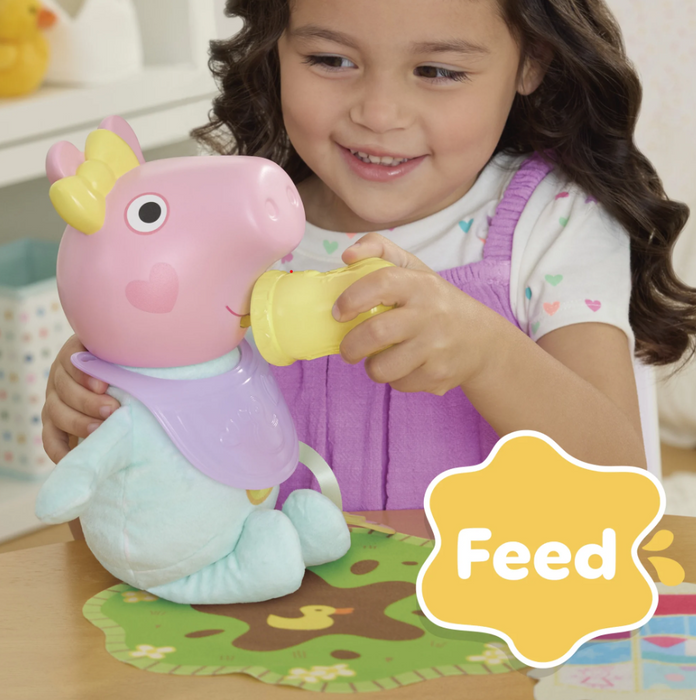Peppa Pig Toys Oinks + Snuggles Baby Evie Interactive Baby Doll with Accessories, 20+ Sounds, 3+