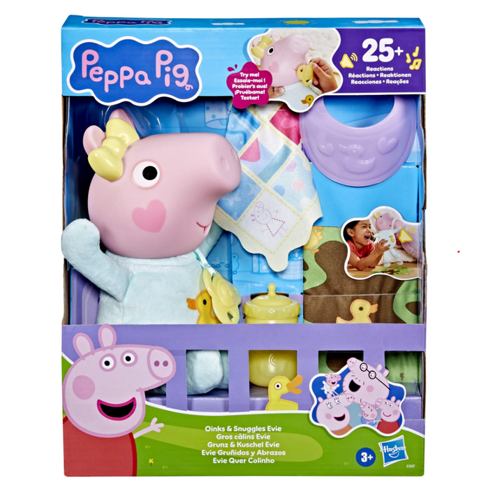 Peppa Pig Toys Oinks + Snuggles Baby Evie Interactive Baby Doll with Accessories, 20+ Sounds, 3+