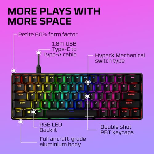 HyperX Alloy Origins 60 - Mechanical Gaming Keyboard - Ultra Compact 60% Form Factor - Tactile Aqua Switch - Double Shot PBT Keycaps - RGB LED Backlit - NGENUITY Software Compatible,Black