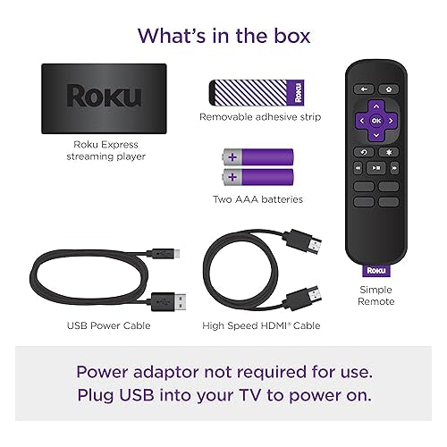 Roku Express (New) | HD Roku Streaming Device with Simple Remote (no TV controls), Free & Live TV