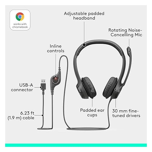 Logitech H390 Wired USB-A Headset with Noise-Canceling Microphone, Stereo Sound & Adjustable Headband – Black