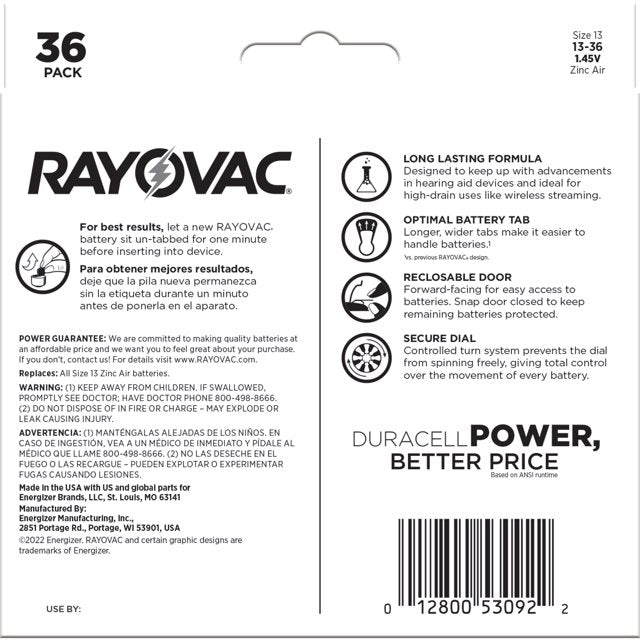 Rayovac Size 13 Hearing Aid Batteries (36 Pack), Size 13 Batteries