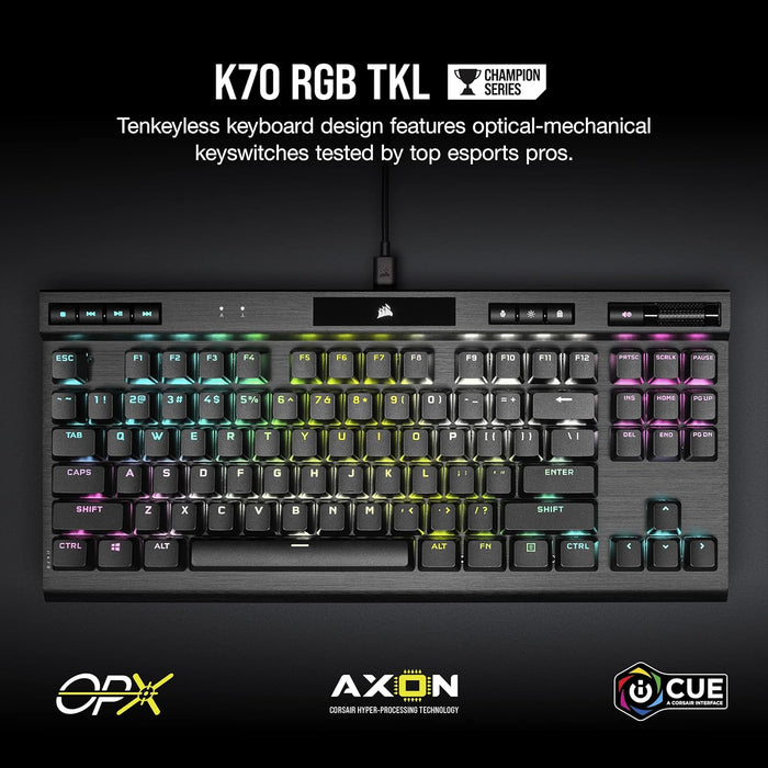 Corsair K70 RGB TKL CHAMPION SERIES Tenkeyless Optical-Mechanical Gaming Keyboard (OPX RGB Keyswitches, PBT Double-Shot Keycaps, Detachable USB-C Cable) QWERTY, NA Layout - Black