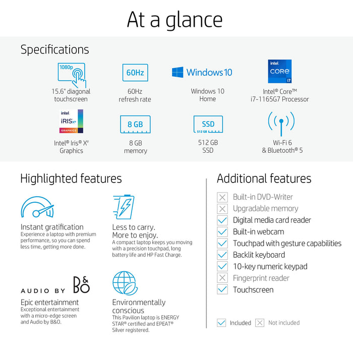 HP Pavilion 15.6 FHD Touch, Intel Core i7-1165G7, 8GB RAM, 512GB SSD, Lunar Gold, 15-eg0070wm