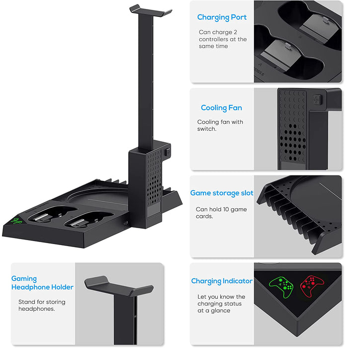 Charging Stand with Cooling Fan for Xbox Series X Console and Controller,Vertical Dual Charger Station Dock Accessories with 2 x 1400mAh Rechargeable Battery and Cover (Black)