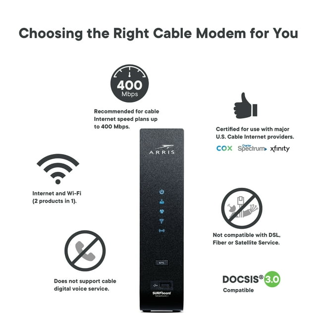 ARRIS Surfboard SBG6950AC2 DOCSIS 3.0 Cable Modem & AC1900 Wi-Fi Router , Approved for Comcast Xfinity, Cox, Charter Spectrum & more , Four 1 Gbps Ports , 400 Mbps Max Internet Speeds