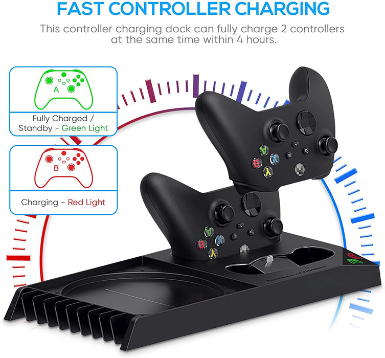 Charging Stand with Cooling Fan for Xbox Series X Console and Controller,Vertical Dual Charger Station Dock Accessories with 2 x 1400mAh Rechargeable Battery and Cover (Black)