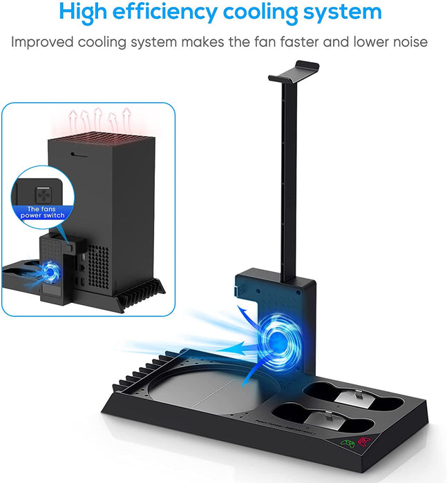 Charging Stand with Cooling Fan for Xbox Series X Console and Controller,Vertical Dual Charger Station Dock Accessories with 2 x 1400mAh Rechargeable Battery and Cover (Black)