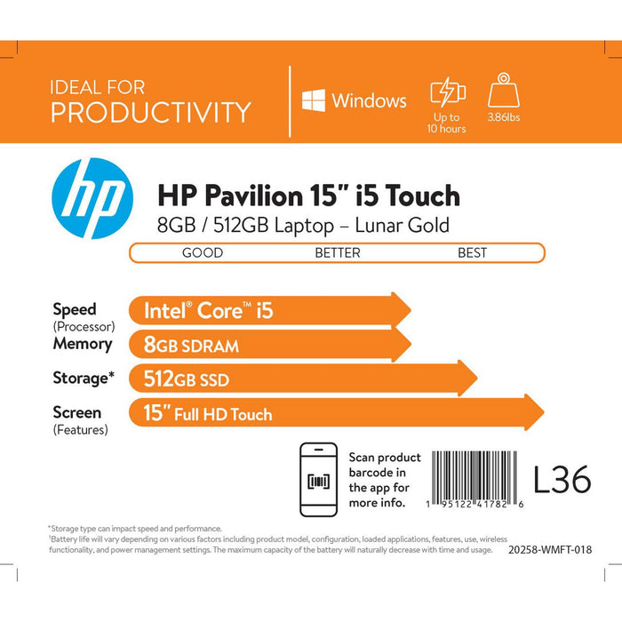 HP Pavilion 15.6 FHD Touch, Intel Core i7-1165G7, 8GB RAM, 512GB SSD, Lunar Gold, 15-eg0070wm