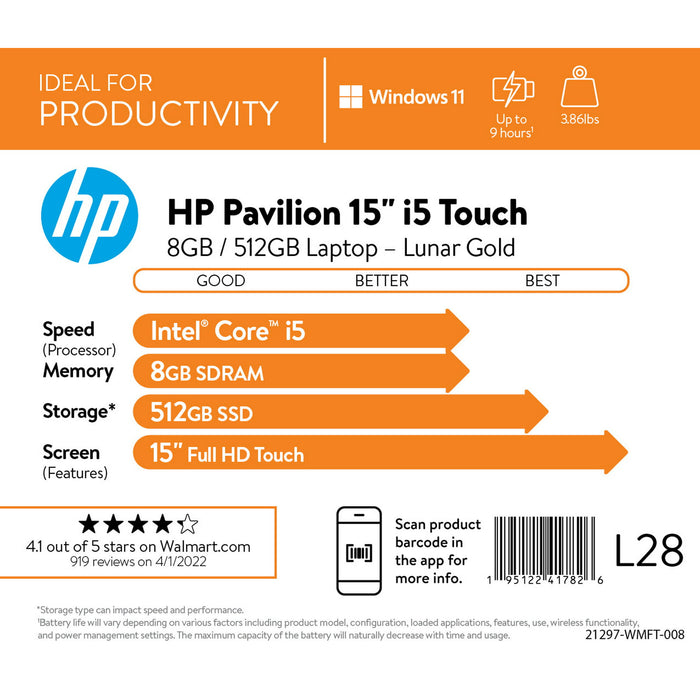 HP Pavilion 15.6" FHD Touch, Intel Core i5-1135G7, 8GB RAM, 512GB SSD, Lunar Gold, Windows 11, 15-eg0050wm