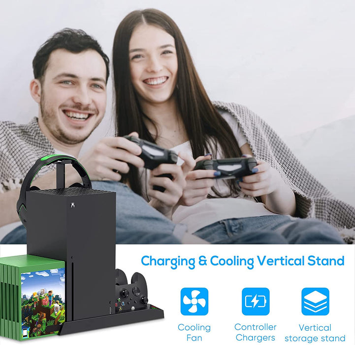 Charging Stand with Cooling Fan for Xbox Series X Console and Controller,Vertical Dual Charger Station Dock Accessories with 2 x 1400mAh Rechargeable Battery and Cover (Black)