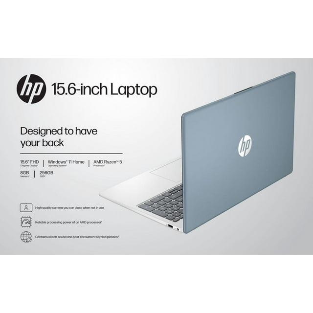 HP 15.6" FHD Laptop, AMD Ryzen 5 7520U, 8GB RAM, 256GB SSD, Moonlight Blue, Windows 11 Home, 15-fc0037wm