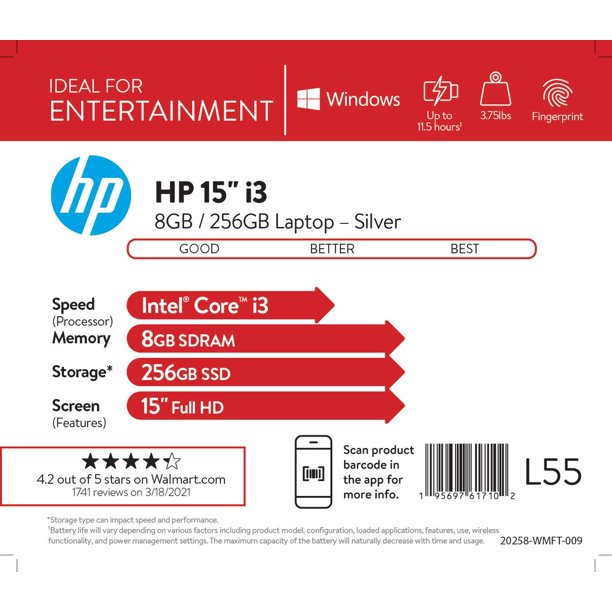 "HP 15.6"" FHD, Intel Core i3-1115G4, 8GB RAM, 256GB SSD, Silver, Windows 10, 15-dy2131wm"